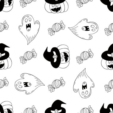 Cadılar Bayramı monokrom deseni elde çizim tarzında. Yaratıcılığın için duvar kağıdı. Balkabağı, hayaletler, cadı şapkası. Tasarım için yazdır