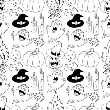 Cadılar Bayramı monokrom deseni elde çizim tarzında. Yaratıcılığın için duvar kağıdı. Balkabağı, hayaletler, cadı şapkası. Tasarım, tekstil, kumaş, duvar kağıdı, ambalaj kağıdı