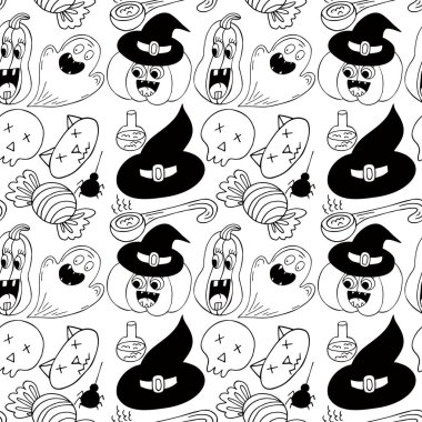 Cadılar Bayramı monokrom deseni elde çizim tarzında. Yaratıcılığın için duvar kağıdı. Balkabağı, hayaletler, cadı şapkası. Tasarım, tekstil, kumaş için yazdır