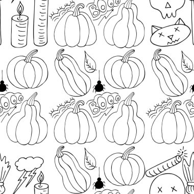 Cadılar Bayramı monokrom deseni elde çizim tarzında. Yaratıcılığın için duvar kağıdı. Balkabağı, boooooo mesajı. Tasarım, tekstil, kumaş, duvar kağıdı, ambalaj kağıdı, dekor için yazdır