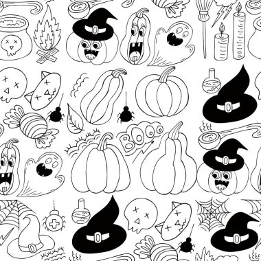 Cadılar Bayramı monokrom deseni elde çizim tarzında. Yaratıcılığın için duvar kağıdı. Balkabağı, boooooo mesajı. Tasarım, tekstil, kumaş, duvar kağıdı, ambalaj için yazdır