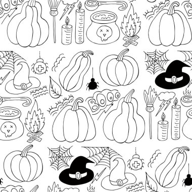 Cadılar Bayramı monokrom deseni elde çizim tarzında. Yaratıcılığın için duvar kağıdı. Balkabağım, balkabağım. Tasarım, tekstil, kumaş, duvar kağıdı, ambalaj kağıdı