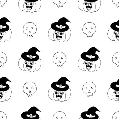 Cadılar Bayramı monokrom deseni elde çizim tarzında. Balkabağı, örümcek, kedi. Yaratıcılığın için Jack-o-fener duvar kağıdı. Tasarım, tekstil, kumaş, duvar kağıdı, ambalaj kağıdı