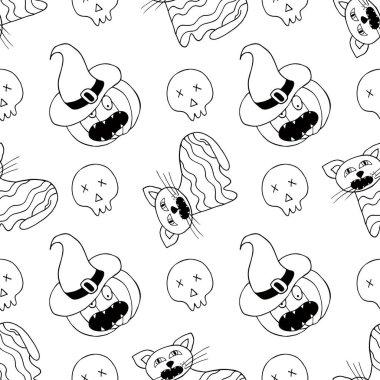 Cadılar Bayramı monokrom deseni elde çizim tarzında. Balkabağı, örümcek, kedi. Yaratıcılığın için Jack-o-fener duvar kağıdı. Tasarım ve tekstil için yazdır