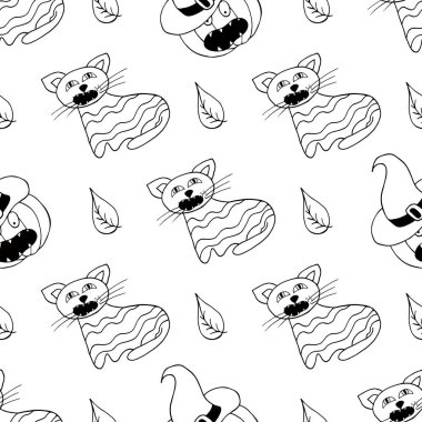 Cadılar Bayramı monokrom deseni elde çizim tarzında. Balkabağı, örümcek, kedi. Yaratıcılığın için Jack-o-fener duvar kağıdı. Tasarım, tekstil, kumaş için yazdır