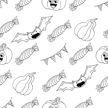 Cadılar Bayramı monokrom deseni elde çizim tarzında. Balkabağım, bayraklar. Yaratıcılığın için Jack-o-fener duvar kağıdı. Tasarım, tekstil, kumaş için yazdır