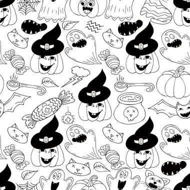 Cadılar Bayramı monokrom deseni elde çizim tarzında. Balkabağım, Yarasa. Yaratıcılığın için duvar kağıdı. Tasarım ve tekstil için yazdır