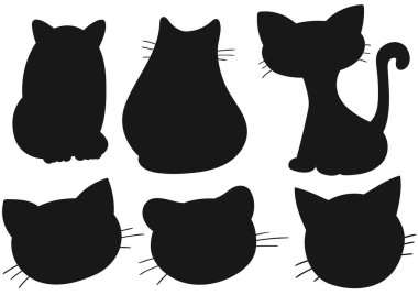 Kediler, kedicikler. Bir dizi siluet el çizimi tarzında. Bilmeceler, çocukların eğitici görevleri için tasarım. Simgeler, işaretler, çıkartmalar, logolar