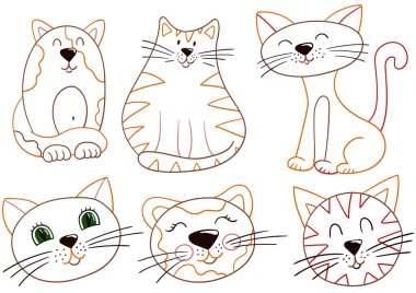 Kediler, kedicikler. El çizimi tarzında çizimler. El çizimi, renk çizimi. Renklerle, kartpostallarla boyamak için tasarlandı. Simgeler, işaretler, çıkartmalar, logolar