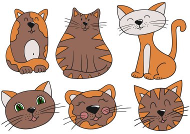 Kediler, kedicikler. El çizimi tarzında renk çizimleri. Siyah özet. Kartpostallar, el ilanları, afişler, oda dekorasyonu için tasarım. Simgeler, işaretler, çıkartmalar logolar