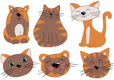 Kediler, kedicikler. El çizimi tarzında renk çizimleri. Kartpostallar, el ilanları, afişler, oda dekorasyonu için tasarım. Simgeler, işaretler, çıkartmalar logolar