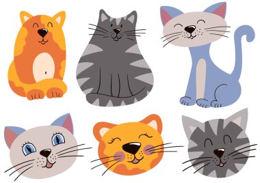 Kediler, kedicikler. Düz renkli çizimler. Kartpostallar, el ilanları, afişler, oda dekorasyonu için tasarım. Simgeler, işaretler çıkartmalar logolar