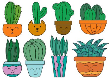 Kaktüs, kaktüs. El çizimi tarzında renk çizimleri. Siyah özet. Kartpostallar, el ilanları, afişler, oda dekorasyonu için tasarım. Simgeler, işaretler, çıkartmalar