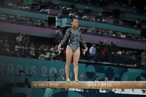 stock image PARIS, FRANCE-July 28: Sunisa Lee  of team United States competes on the balance beam during the Artistic Gymnastics Women's Qualification at the the Olympic Games Paris 2024 at Bercy Arena on July 28 PARIS, FRANCE