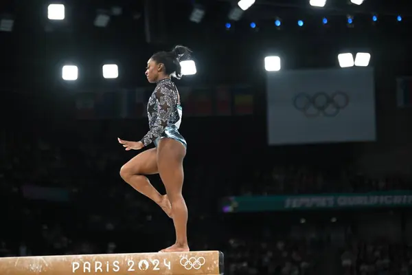 stock image PARIS, FRANCE-July 28: Simone Biles  of team United States competes on the balance beam during the Artistic Gymnastics Women's Qualification at the the Olympic Games Paris 2024 at Bercy Arena on July 28 PARIS, FRANCE