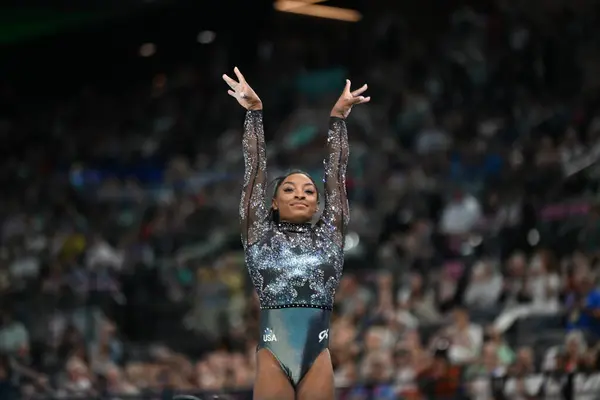 stock image PARIS, FRANCE-July 28: Simone Biles  of team United States competes on the balance beam during the Artistic Gymnastics Women's Qualification at the the Olympic Games Paris 2024 at Bercy Arena on July 28 PARIS, FRANCE