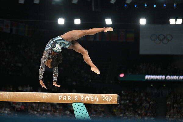 PARIS, FRANCE-July 28: Simone Biles  of team United States competes on the balance beam during the Artistic Gymnastics Women's Qualification at the the Olympic Games Paris 2024 at Bercy Arena on July 28 PARIS, FRANCE