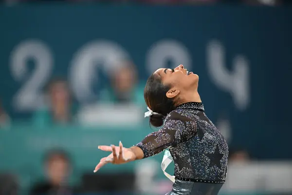 stock image PARIS, FRANCE-28 July 2024: Jordan Chiles of USA competes on the floor exercise during the Artistic Gymnastics Women's Qualification at the the Olympic Games Paris 2024 at Bercy Arena