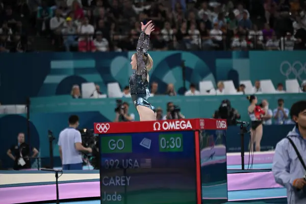 stock image PARIS, FRANCE-28 July 2024: Jade Carey  of USA competes on the floor exercise during the Artistic Gymnastics Women's Qualification at the the Olympic Games Paris 2024 at Bercy Arena