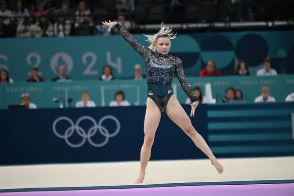 stock image PARIS, FRANCE-28 July 2024: Jade Carey  of USA competes on the floor exercise during the Artistic Gymnastics Women's Qualification at the the Olympic Games Paris 2024 at Bercy Arena