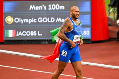 TOKYO, JAPAN- 01 AUGUST 2020: Lamont Marcell Jacobs of Team Italy after winning the Men's 100m Final on day nine of the Tokyo 2020 Olympic Games clipart