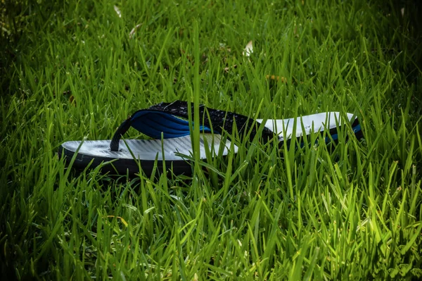 a summer sandal lying on the green grass waiting for a foot loneliness photography