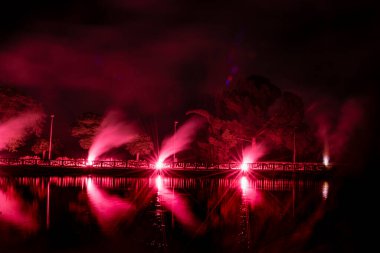 Yeni yıl şenlikleri, yeni yıl arifesi. Karanlık gökyüzündeki havai fişeklerin renkleri, göl ışığı şenliklerinin suyuna yansıyan renkli roketler.