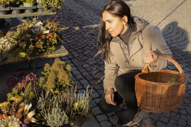 Elinde sepeti olan bej ceketli bir kadın Avusturya, Salzburg 'daki bir markette bitki seçiyor. Yüksek kalite fotoğraf