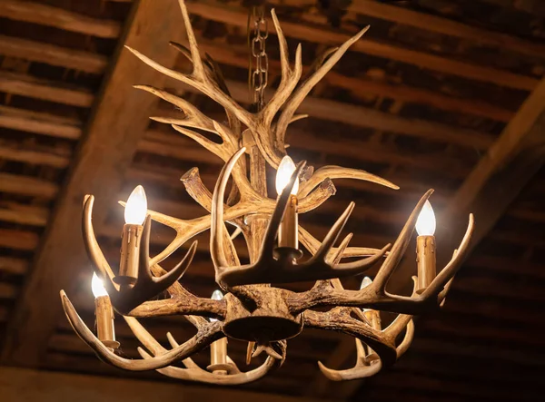 原来的天花板灯与蜡烛灯和鹿角 高质量的照片 — 图库照片