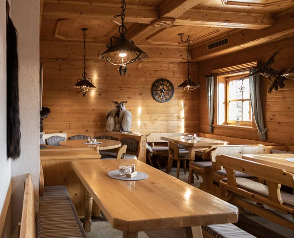 Decoration of the mountain restaurant in the Austrian Alpine style. High quality photo