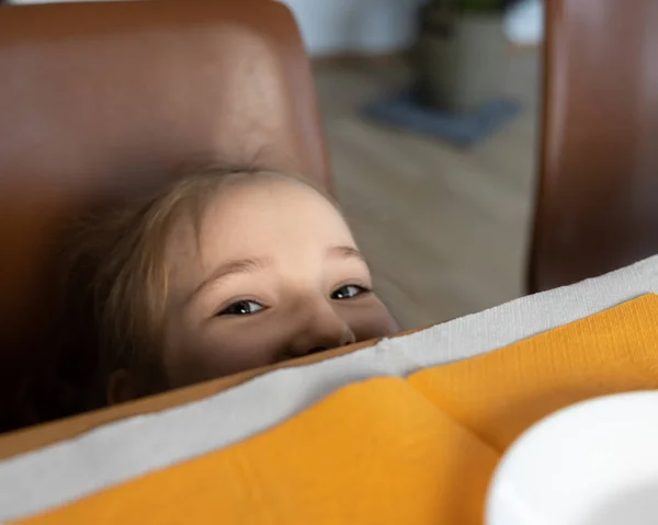 A girl with sly and kind eyes peeks out under the table. High quality photo