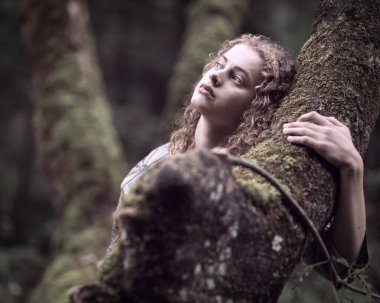 Yaşlı bir ağacın üzerinde oturan ve gövdesine elleriyle sarılan genç bir kızın büyük sanatsal portresi. Yüksek kalite fotoğraf