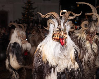 Bu resim, bir kış festivali sırasında geleneksel maske ve kostüm giyen bir grup insanı gösteriyor..