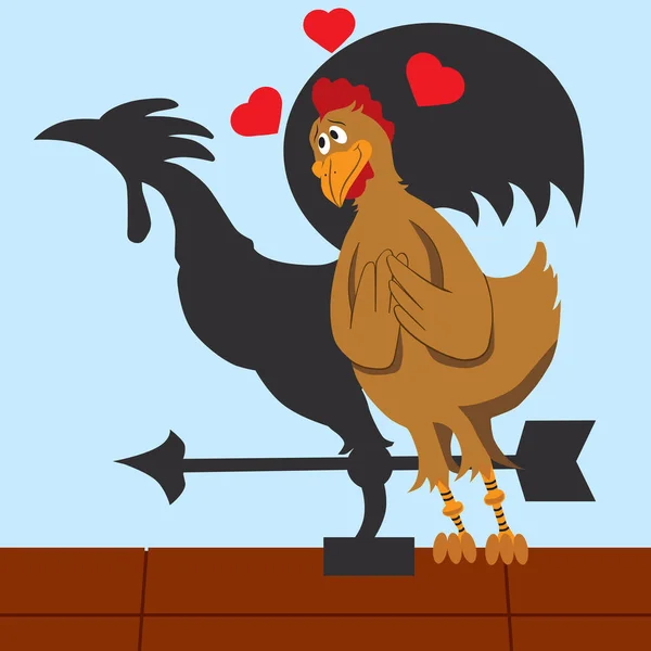 Ein Cartoon Huhn Ist Verliebt Eine Wetterfahne Form Eines Hahns — Stockvektor