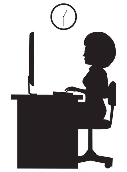 轮廓中的一位女职员正在她的办公桌前使用计算机 — 图库矢量图片