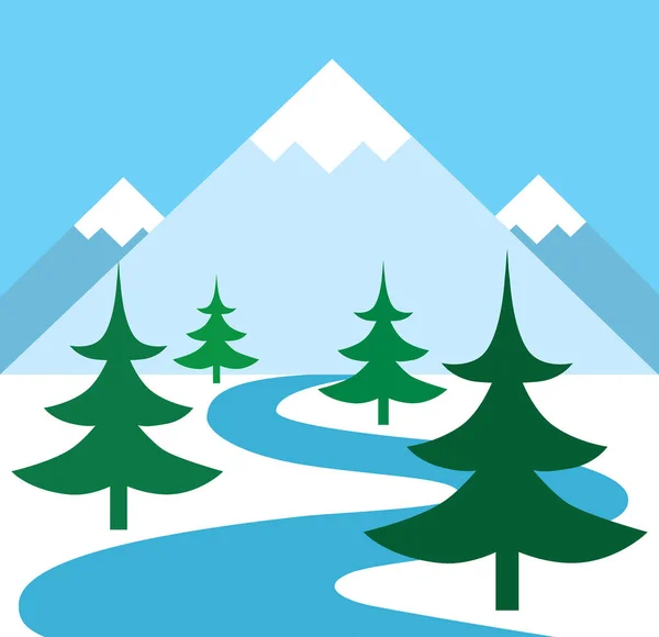 Campo Inverno Nevado Com Riacho Montanhas Árvores —  Vetores de Stock