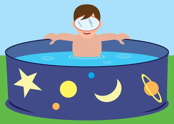 Ein Kleiner Junge Mit Schwimmbrille Genießt Seinen Pool Hinterhof — Stockvektor