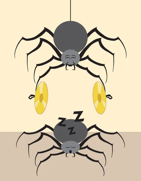 クモはシンバルで彼を目覚めさせようとしている別の眠っているクモの上にホバリングしている — ストックベクタ