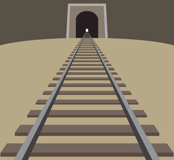 Conjunto Trilhos Ferroviários Correndo Túnel Com Uma Luz Final — Vetor de Stock