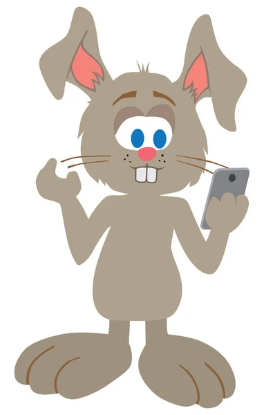 Голубоглазый Мультяшный Кролик Использует Мобильный Телефон — стоковый вектор