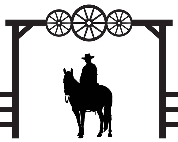 Ein Cowboy Sitzt Hoch Ross Unter Dem Tor Einer Ranch lizenzfreie Stockvektoren