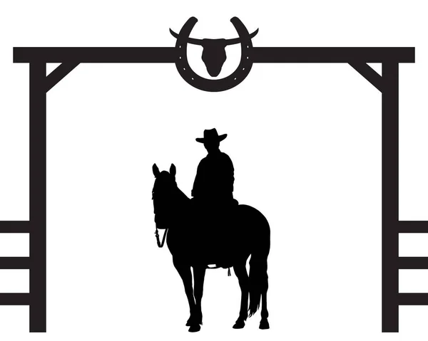 Cowboy Sitter Bredvid Sin Häst Vid Ingången Till Ranch Silhuett — Stock vektor