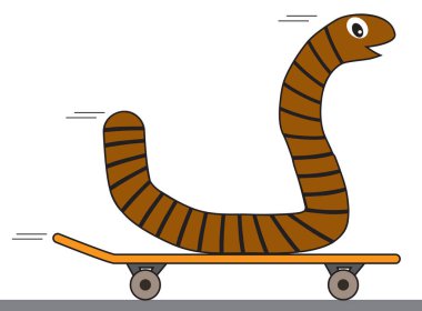 An excited cartoon worm is sailing down the street on a skateboard clipart