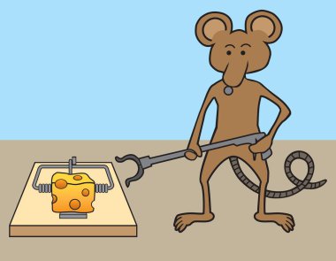 A clever cartoon mouse is using a grabber tool to get cheese out of a trap clipart