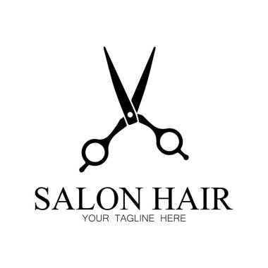 Saç dalgaları ve makas konseptiyle güzellik salonu logosu tasarımı. İş yeri, kuaför salonu, güzellik salonu logosu.
