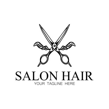 Saç dalgaları ve makas konseptiyle güzellik salonu logosu tasarımı. İş yeri, kuaför salonu, güzellik salonu logosu.