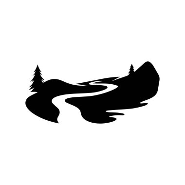 Nehirlerin, derelerin, nehirlerin ve derelerin logoları. Nehir logosu dağların kombinasyonu ve konsept tasarım vektör resimleme şablonu ile tarım arazisi