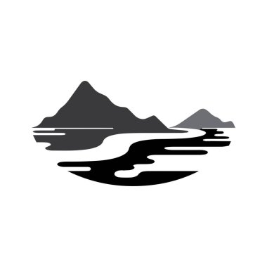 Nehirlerin, derelerin, nehirlerin ve derelerin logoları. Nehir logosu dağların kombinasyonu ve konsept tasarım vektör resimleme şablonu ile tarım arazisi