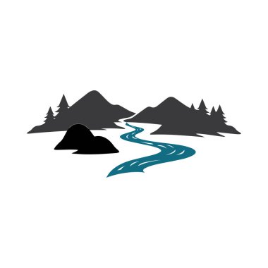 Nehirlerin, derelerin, nehirlerin ve derelerin logoları. Nehir logosu dağların kombinasyonu ve konsept tasarım vektör resimleme şablonu ile tarım arazisi