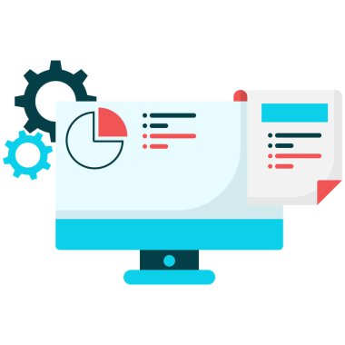 Bilgisayar monitörü pasta grafiğini, iş veri analizini ve sunumunu gösterir